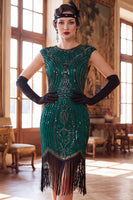 Load image into Gallery viewer, Black Sparkly Bodycon Sequin Beaded Round Neck Midi 1920s Dress with Fringes