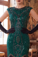 Load image into Gallery viewer, Black Sparkly Bodycon Sequin Beaded Round Neck Midi 1920s Dress with Fringes