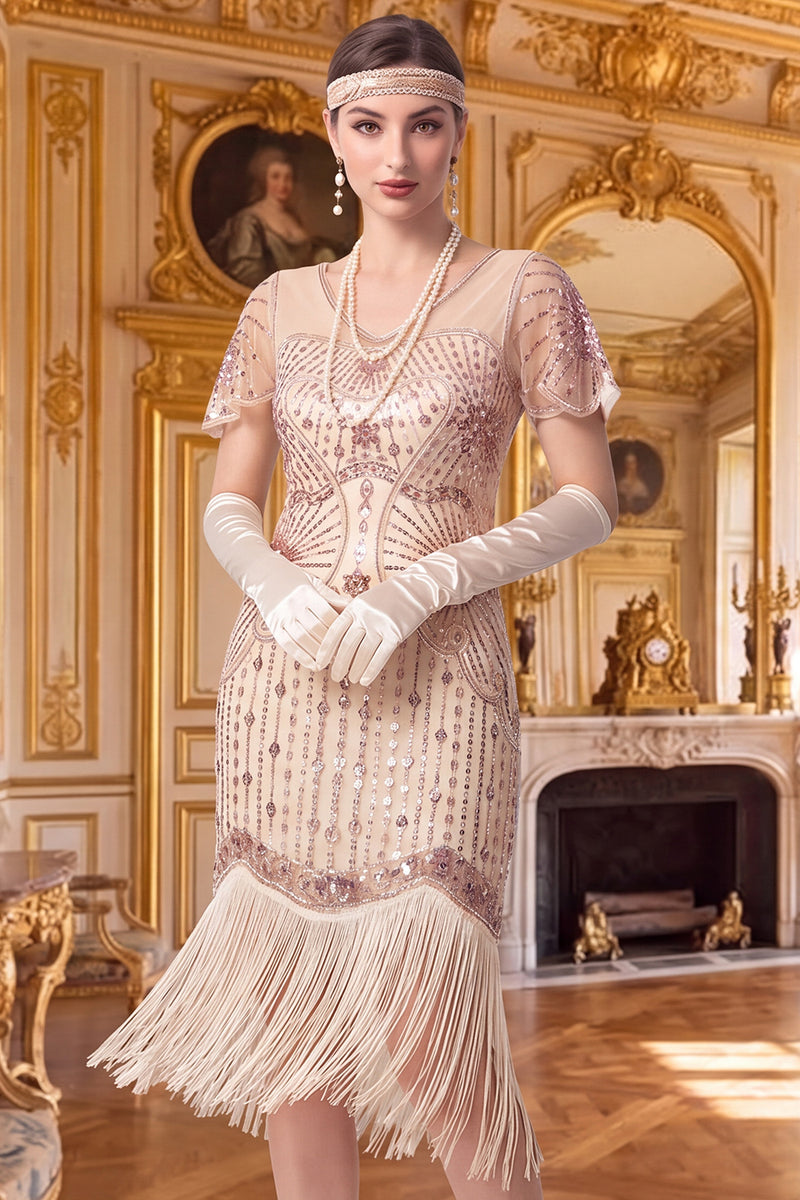 Load image into Gallery viewer, Sparkly Apricot Tight Sequin V-Neck Flutter Sleeves Midi 1920s Dress with Fringes