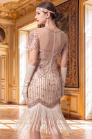 Load image into Gallery viewer, Sparkly Apricot Tight Sequin V-Neck Flutter Sleeves Midi 1920s Dress with Fringes