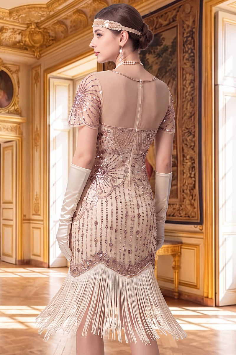 Load image into Gallery viewer, Sparkly Apricot Tight Sequin V-Neck Flutter Sleeves Midi 1920s Dress with Fringes