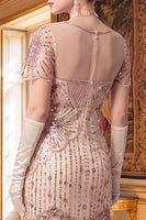 Load image into Gallery viewer, Sparkly Apricot Tight Sequin V-Neck Flutter Sleeves Midi 1920s Dress with Fringes