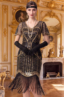 Load image into Gallery viewer, Sparkly Apricot Tight Sequin V-Neck Flutter Sleeves Midi 1920s Dress with Fringes