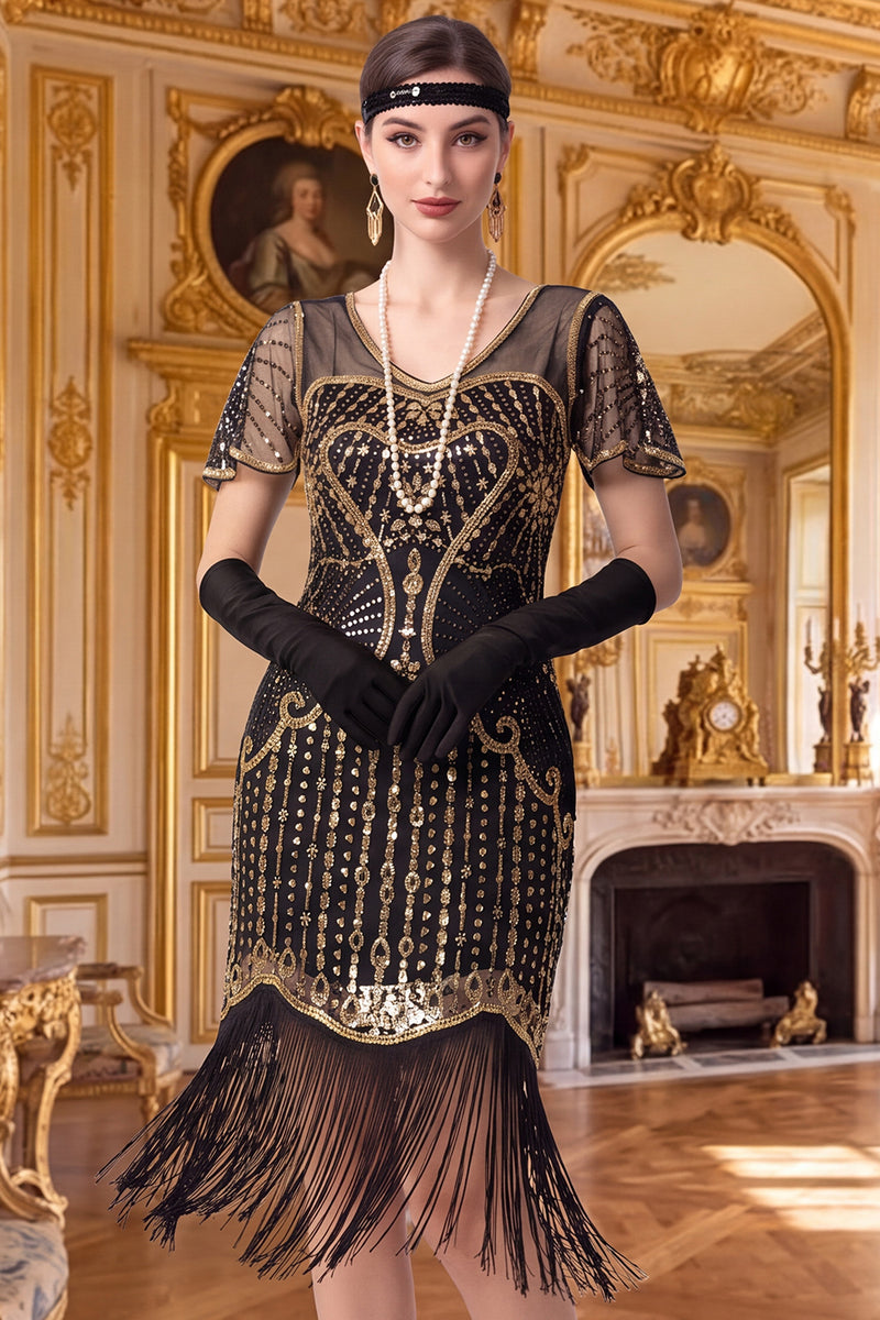Load image into Gallery viewer, Sparkly Apricot Tight Sequin V-Neck Flutter Sleeves Midi 1920s Dress with Fringes