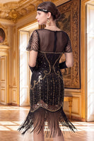 Load image into Gallery viewer, Sparkly Apricot Tight Sequin V-Neck Flutter Sleeves Midi 1920s Dress with Fringes