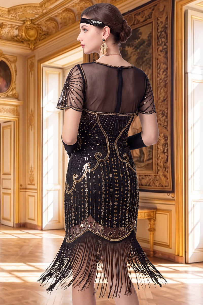 Load image into Gallery viewer, Sparkly Apricot Tight Sequin V-Neck Flutter Sleeves Midi 1920s Dress with Fringes