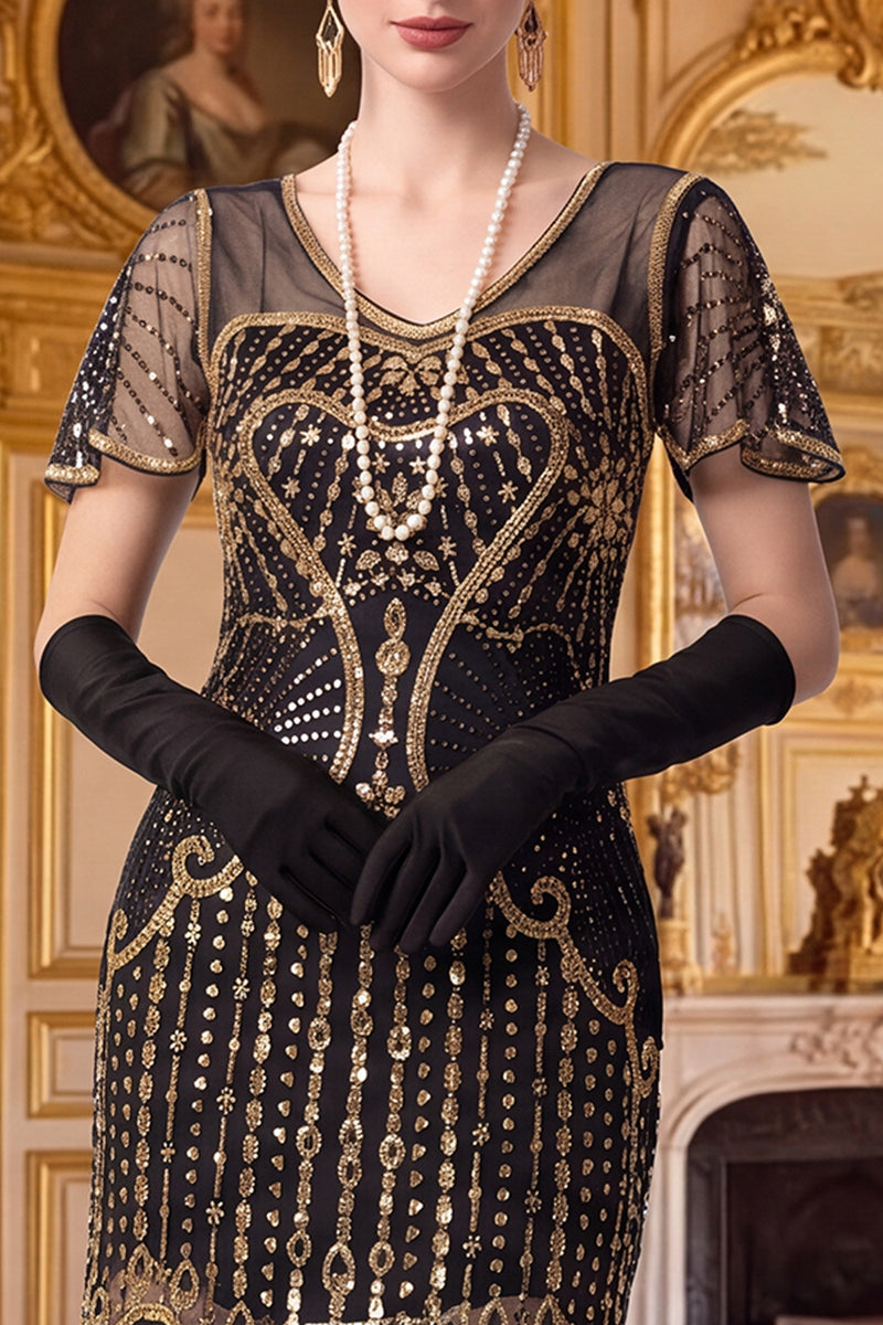 Load image into Gallery viewer, Sparkly Apricot Tight Sequin V-Neck Flutter Sleeves Midi 1920s Dress with Fringes