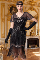 Load image into Gallery viewer, Sparkly Apricot Tight Sequin V-Neck Flutter Sleeves Midi 1920s Dress with Fringes