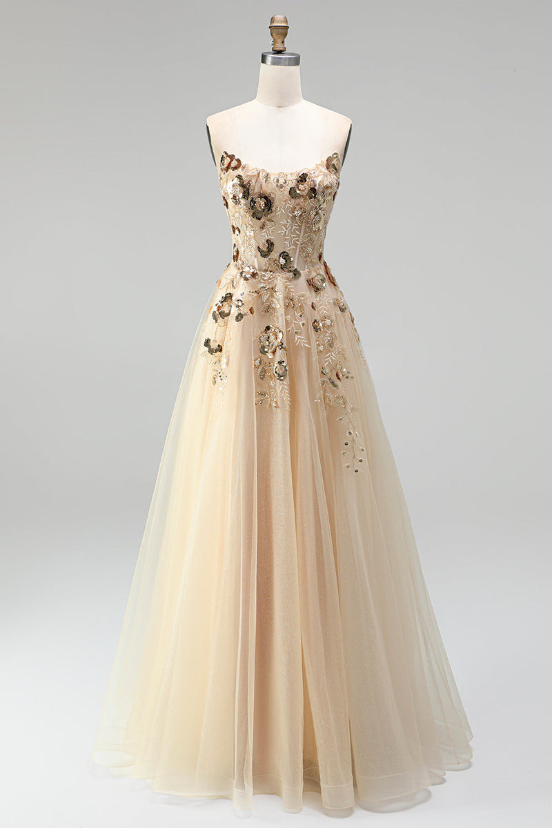 Load image into Gallery viewer, Sparkly Floral Champagne A Line Corset Beaded Long Prom Dress with Sequins