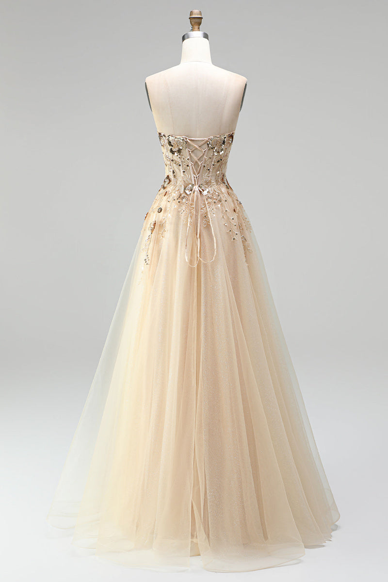 Load image into Gallery viewer, Sparkly Floral Champagne A Line Corset Beaded Long Prom Dress with Sequins