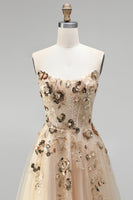 Load image into Gallery viewer, Sparkly Floral Champagne A Line Corset Beaded Long Prom Dress with Sequins