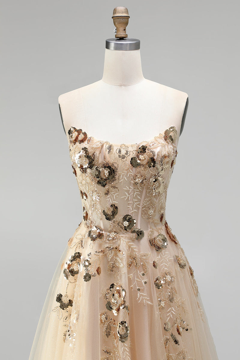Load image into Gallery viewer, Sparkly Floral Champagne A Line Corset Beaded Long Prom Dress with Sequins