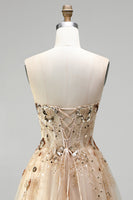 Load image into Gallery viewer, Sparkly Floral Champagne A Line Corset Beaded Long Prom Dress with Sequins