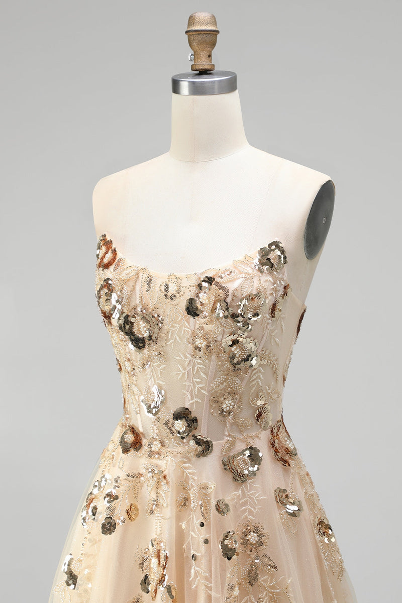 Load image into Gallery viewer, Sparkly Floral Champagne A Line Corset Beaded Long Prom Dress with Sequins