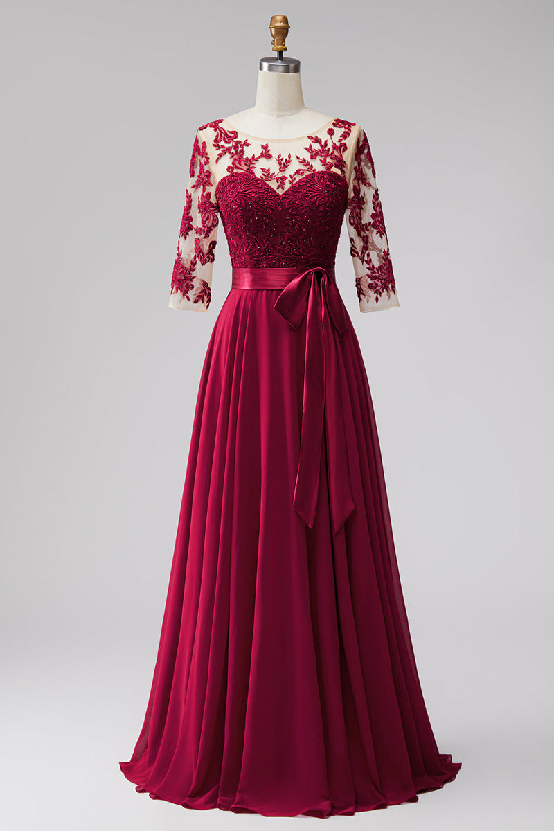 Load image into Gallery viewer, Burgundy A Line Bateau Neck Beaded Long Mother of the Bride Dress with Bow