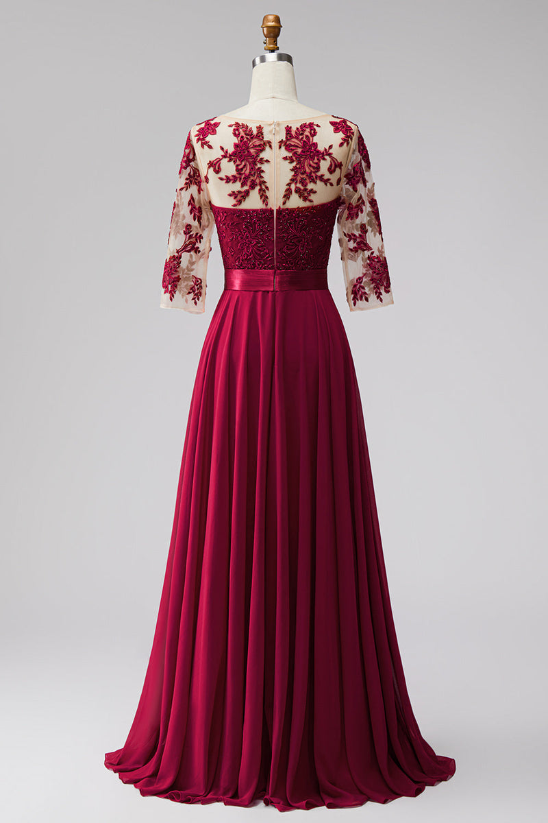 Load image into Gallery viewer, Burgundy A Line Bateau Neck Beaded Long Mother of the Bride Dress with Bow
