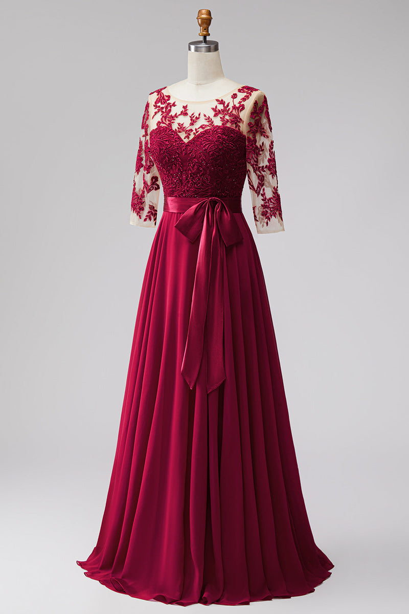 Load image into Gallery viewer, Burgundy A Line Bateau Neck Beaded Long Mother of the Bride Dress with Bow