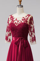 Load image into Gallery viewer, Burgundy A Line Bateau Neck Beaded Long Mother of the Bride Dress with Bow