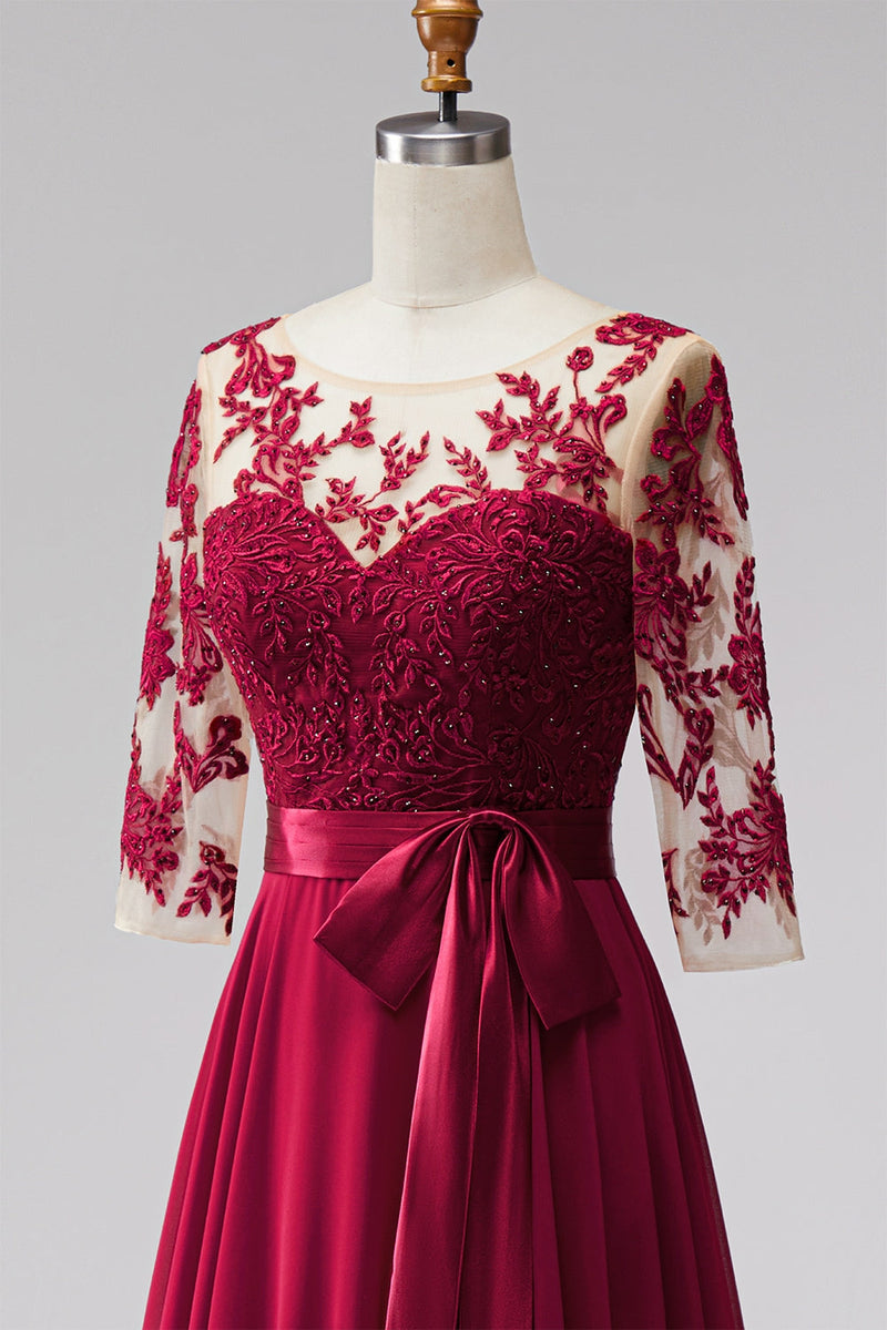 Load image into Gallery viewer, Burgundy A Line Bateau Neck Beaded Long Mother of the Bride Dress with Bow