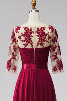 Load image into Gallery viewer, Burgundy A Line Bateau Neck Beaded Long Mother of the Bride Dress with Bow