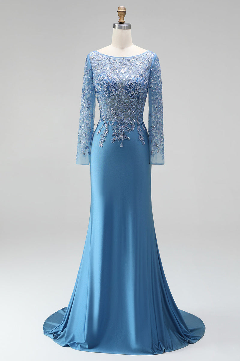 Load image into Gallery viewer, Sparkly Slate Blue Floral Mermaid Satin Long Sleeves Mother of the Bride Dress with Beading