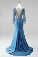 Load image into Gallery viewer, Sparkly Slate Blue Floral Mermaid Satin Long Sleeves Mother of the Bride Dress with Beading