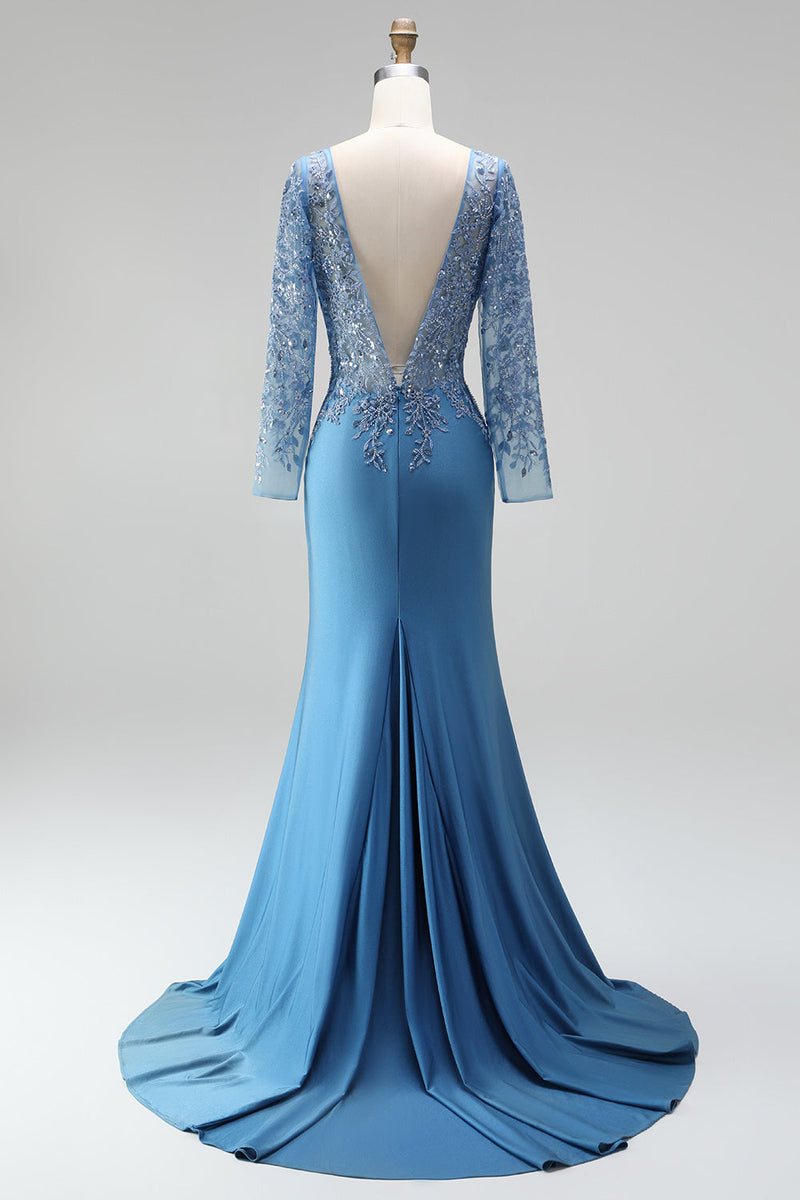 Load image into Gallery viewer, Sparkly Slate Blue Floral Mermaid Satin Long Sleeves Mother of the Bride Dress with Beading