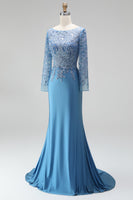 Load image into Gallery viewer, Sparkly Slate Blue Floral Mermaid Satin Long Sleeves Mother of the Bride Dress with Beading