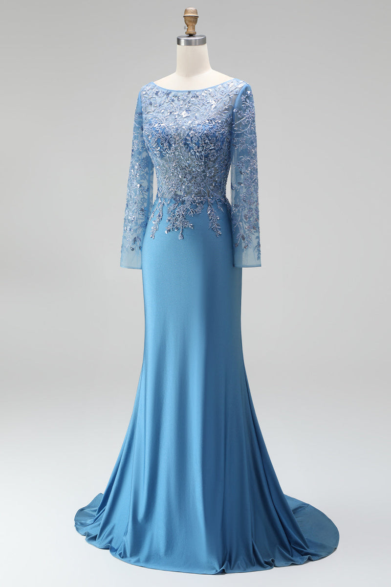 Load image into Gallery viewer, Sparkly Slate Blue Floral Mermaid Satin Long Sleeves Mother of the Bride Dress with Beading