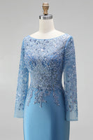Load image into Gallery viewer, Sparkly Slate Blue Floral Mermaid Satin Long Sleeves Mother of the Bride Dress with Beading
