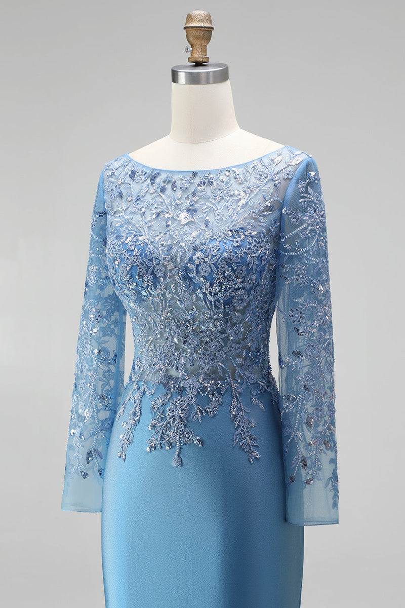 Load image into Gallery viewer, Sparkly Slate Blue Floral Mermaid Satin Long Sleeves Mother of the Bride Dress with Beading