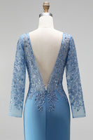 Load image into Gallery viewer, Sparkly Slate Blue Floral Mermaid Satin Long Sleeves Mother of the Bride Dress with Beading