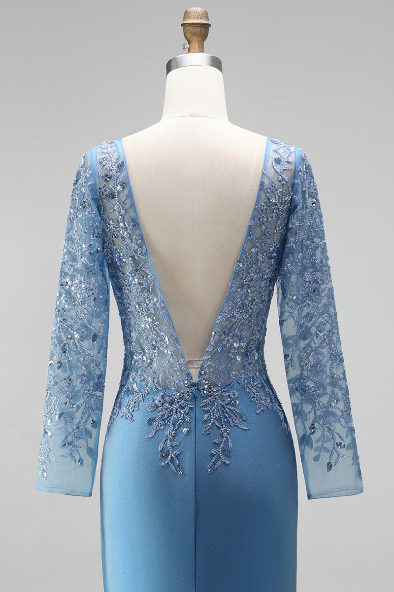 Load image into Gallery viewer, Sparkly Slate Blue Floral Mermaid Satin Long Sleeves Mother of the Bride Dress with Beading