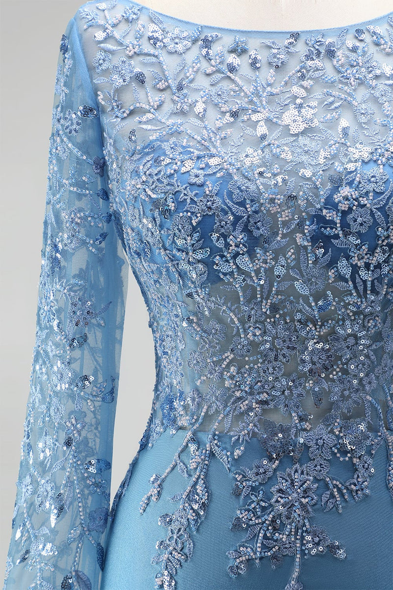 Load image into Gallery viewer, Sparkly Slate Blue Floral Mermaid Satin Long Sleeves Mother of the Bride Dress with Beading