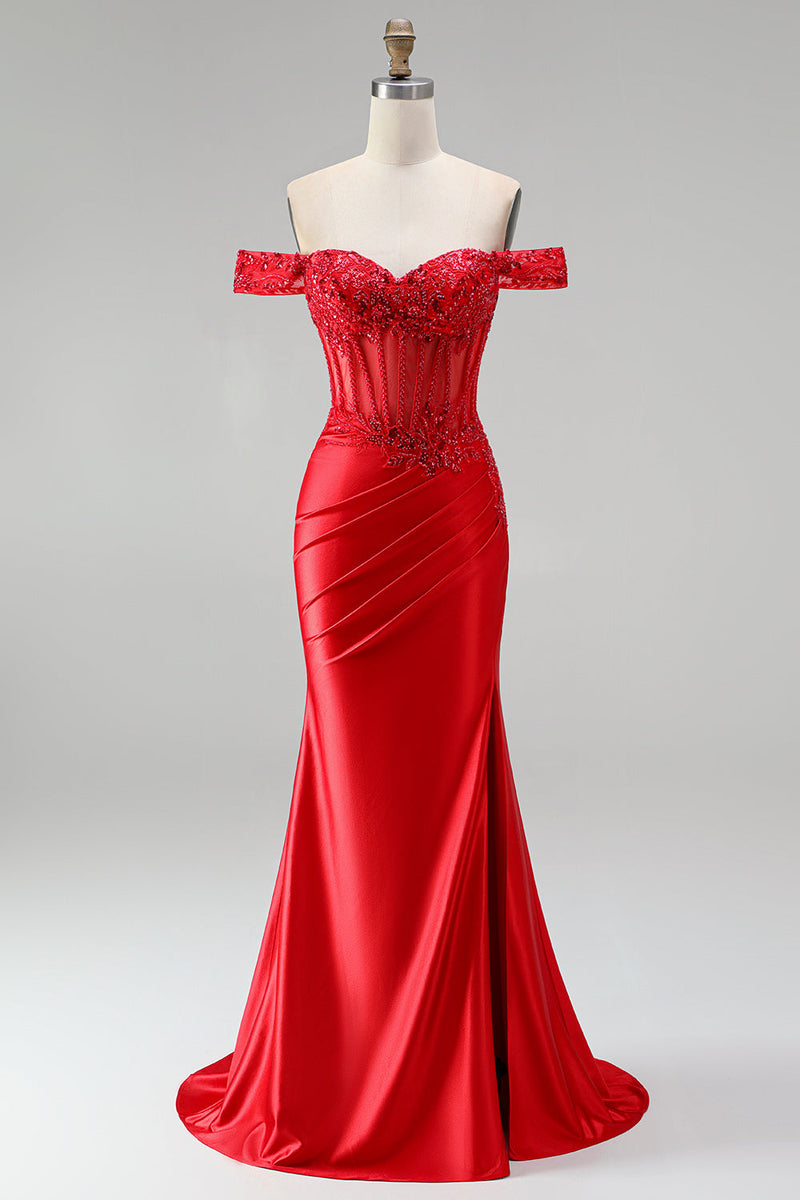 Queendancer Women Sparkly Red Floral Corset Beaded Long Prom Dress with ...