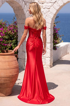 Red Sparkly Beaded Corset Floral Mermaid Ruched Long Prom Dress with Slit