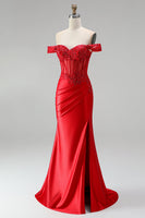 Load image into Gallery viewer, Red Sparkly Beaded Corset Floral Mermaid Ruched Long Prom Dress with Slit