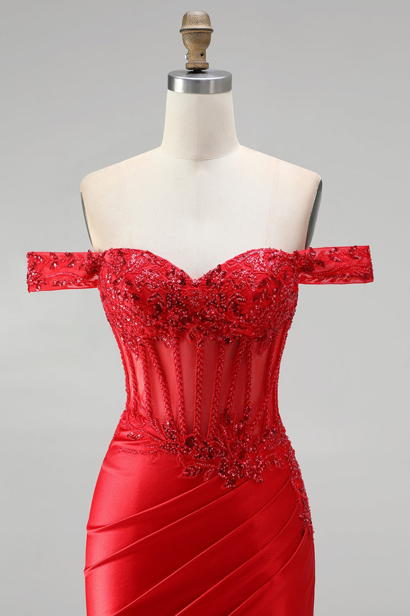 Load image into Gallery viewer, Red Sparkly Beaded Corset Floral Mermaid Ruched Long Prom Dress with Slit
