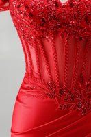 Load image into Gallery viewer, Red Sparkly Beaded Corset Floral Mermaid Ruched Long Prom Dress with Slit
