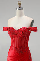 Load image into Gallery viewer, Red Sparkly Beaded Corset Floral Mermaid Ruched Long Prom Dress with Slit
