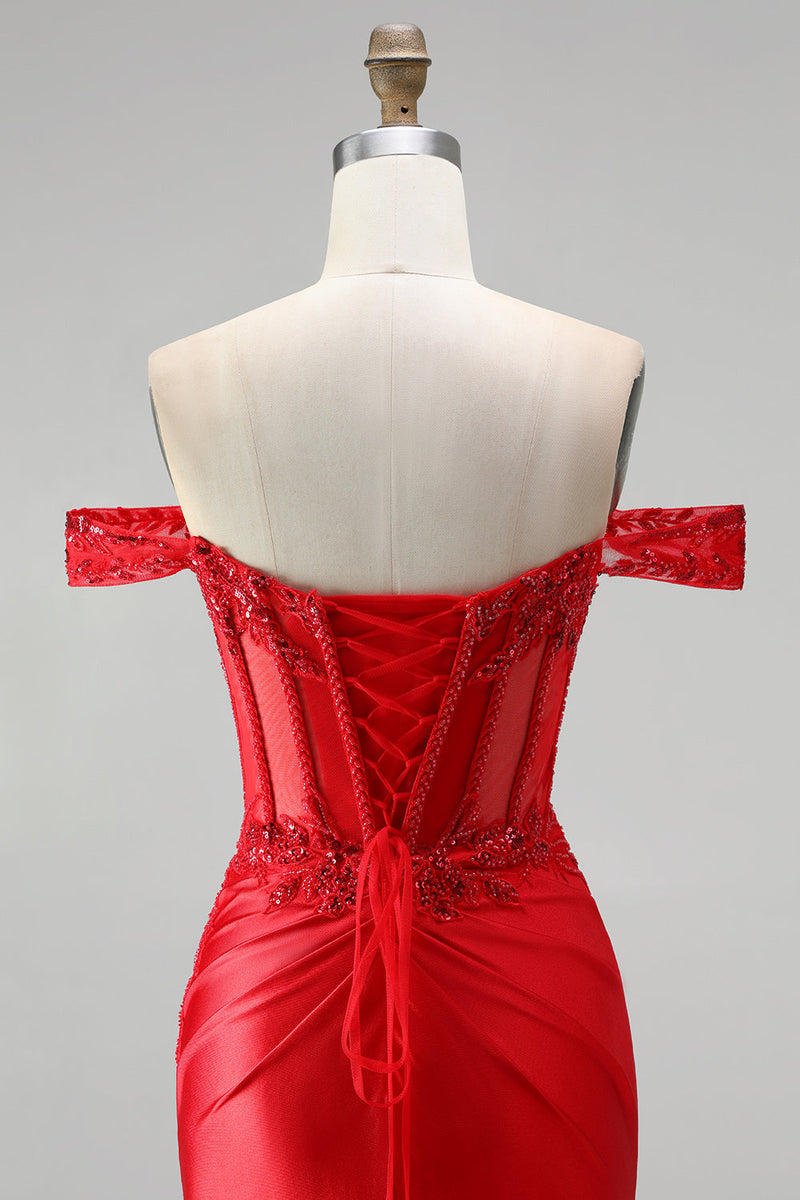 Load image into Gallery viewer, Red Sparkly Beaded Corset Floral Mermaid Ruched Long Prom Dress with Slit