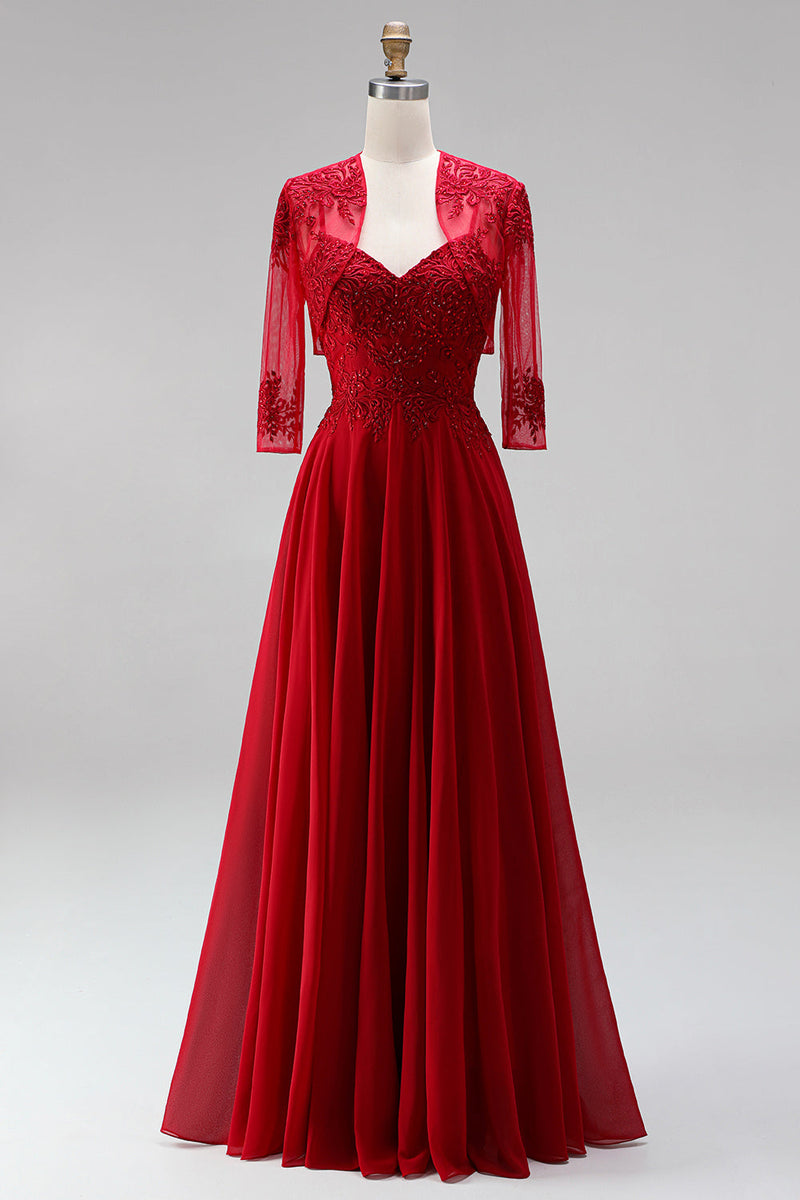 Load image into Gallery viewer, Red 2 Piece A Line Embroidered Sparkly Beaded Long Prom Dress with Jacket