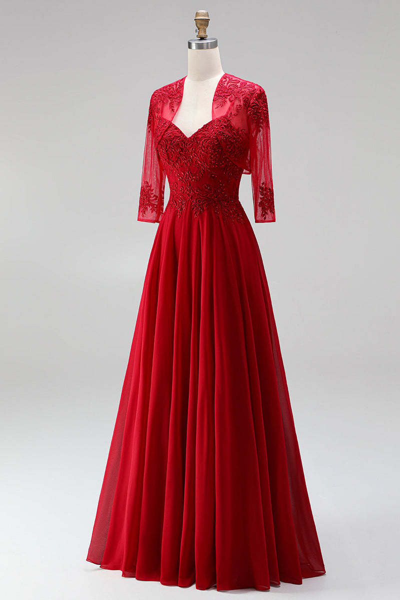 Load image into Gallery viewer, Red 2 Piece A Line Embroidered Sparkly Beaded Long Prom Dress with Jacket