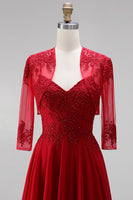 Load image into Gallery viewer, Red 2 Piece A Line Embroidered Sparkly Beaded Long Prom Dress with Jacket