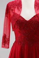 Load image into Gallery viewer, Red 2 Piece A Line Embroidered Sparkly Beaded Long Prom Dress with Jacket