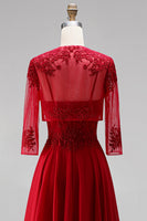 Load image into Gallery viewer, Red 2 Piece A Line Embroidered Sparkly Beaded Long Prom Dress with Jacket