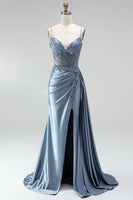 Load image into Gallery viewer, Sparkly Grey Blue Mermaid Corset Ruched Long Prom Dress with Side Cape