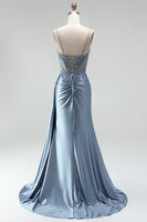 Load image into Gallery viewer, Sparkly Grey Blue Mermaid Corset Ruched Long Prom Dress with Side Cape