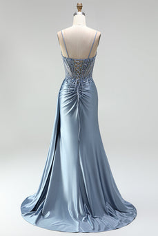 Sparkly Grey Blue Mermaid Corset Ruched Long Prom Dress with Side Cape