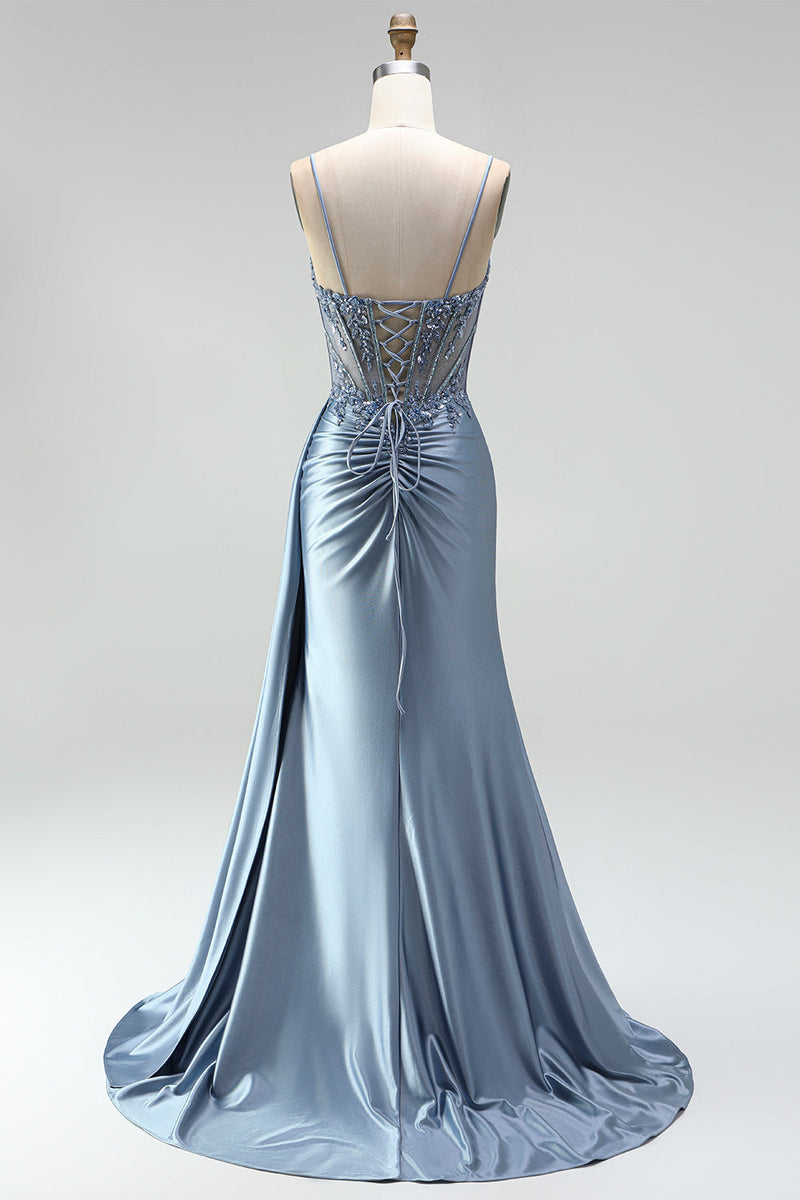 Load image into Gallery viewer, Sparkly Grey Blue Mermaid Corset Ruched Long Prom Dress with Side Cape